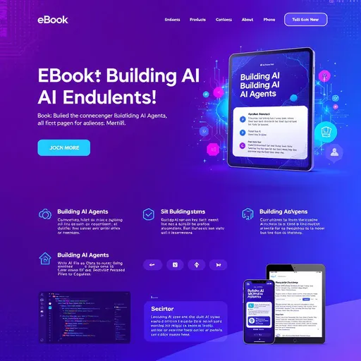 Prompt: A bold, modern infographic for a sales page promoting an eBook on building AI agents. The design features a sleek gradient background transitioning from violet to electric blue. It includes 3–5 visual sections: each with bold icons, compelling headlines, and screenshots or mockups of the eBook (tablet and phone views). Design includes futuristic tech-style accents, clean white and silver text, and floating digital elements like code snippets, neural network visuals, and abstract AI graphics. The layout is designed to be conversion-focused and visually engaging for a tech-savvy audience.