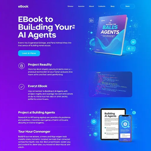 Prompt: A bold, modern infographic for a sales page promoting an eBook on building AI agents. The design features a sleek gradient background transitioning from violet to electric blue. It includes 3–5 visual sections: each with bold icons, compelling headlines, and screenshots or mockups of the eBook (tablet and phone views). Design includes futuristic tech-style accents, clean white and silver text, and floating digital elements like code snippets, neural network visuals, and abstract AI graphics. The layout is designed to be conversion-focused and visually engaging for a tech-savvy audience.