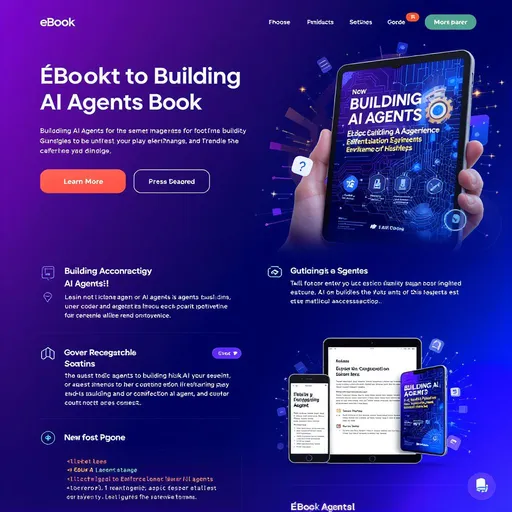 Prompt: A bold, modern infographic for a sales page promoting an eBook on building AI agents. The design features a sleek gradient background transitioning from violet to electric blue. It includes 3–5 visual sections: each with bold icons, compelling headlines, and screenshots or mockups of the eBook (tablet and phone views). Design includes futuristic tech-style accents, clean white and silver text, and floating digital elements like code snippets, neural network visuals, and abstract AI graphics. The layout is designed to be conversion-focused and visually engaging for a tech-savvy audience.