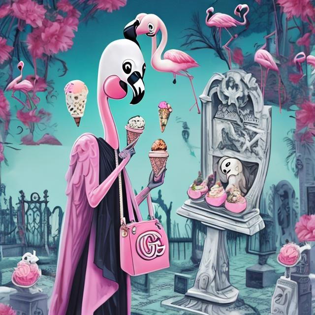 Prompt: a flamingo in a graveyard witha ghost eating ice cream and a gucci bag
