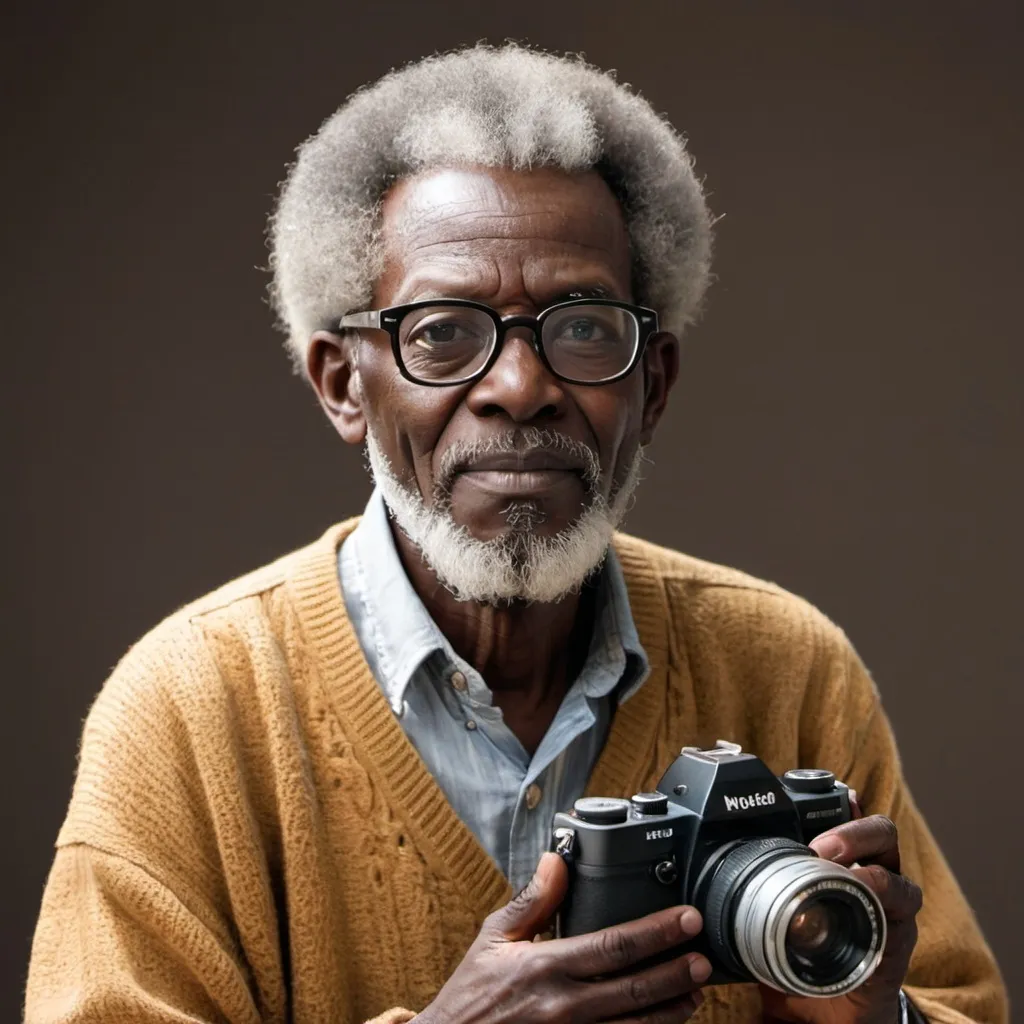 Prompt: Illustration of an old African man with a moderate Afro and beards, wearing specs seated on a camera