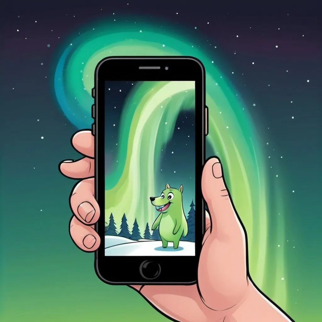 Prompt: Draw a humorous cartoon about an aurora coming out of a mobile phone screen