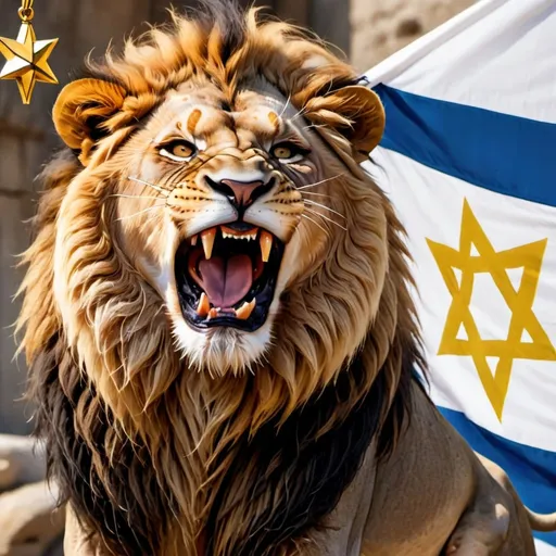 Prompt: A lion roaring with a gold Star of David neckless and a Israeli flag