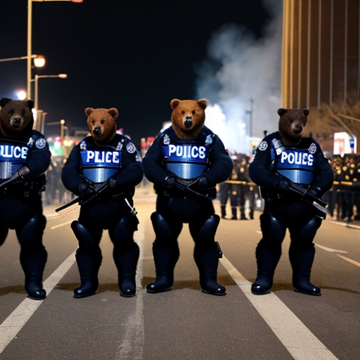 Prompt: Three bears, dressed as police, face a crowd of rioters