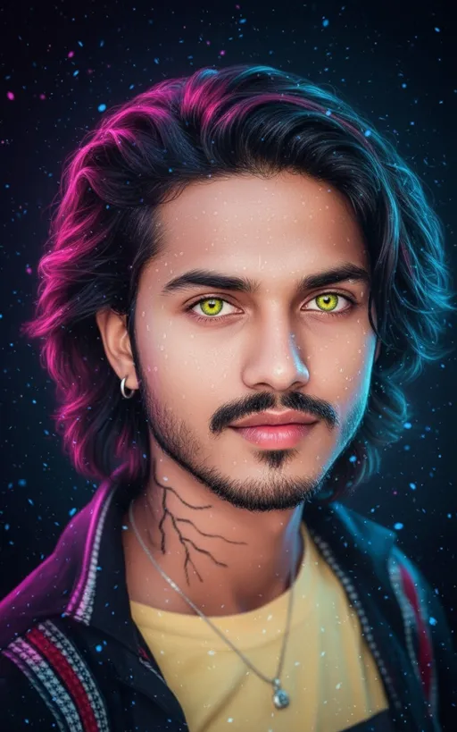 Prompt: This is a highly detailed, digitally created portrait of a young man with a medium to light brown complexion and a slight tan. His face is centered in the image, occupying most of the frame. He has striking, bright yellow-green eyes that stand out against his dark, wavy hair, which is shoulder-length and slightly tousled. His hair is illuminated with a mix of pink and blue lighting, adding a vibrant, neon effect. His face is dotted with small, glistening droplets of water, giving it a slightly wet appearance. He has a well-groomed beard and mustache, with a small, black tattoo visible on his right neck, resembling a tree branch. He wears a simple, dark-colored jacket with a subtle striped pattern on the collar, over a light yellow shirt. A thin, silver necklace with a small pendant rests around his neck. His left ear is adorned with a small, silver hoop earring. The background is a dark, almost black, gradient with small, glowing blue and pink specks scattered throughout, enhancing the ethereal, otherworldly feel of the image. The overall style is modern digital art with a surreal, neon-lit aesthetic.