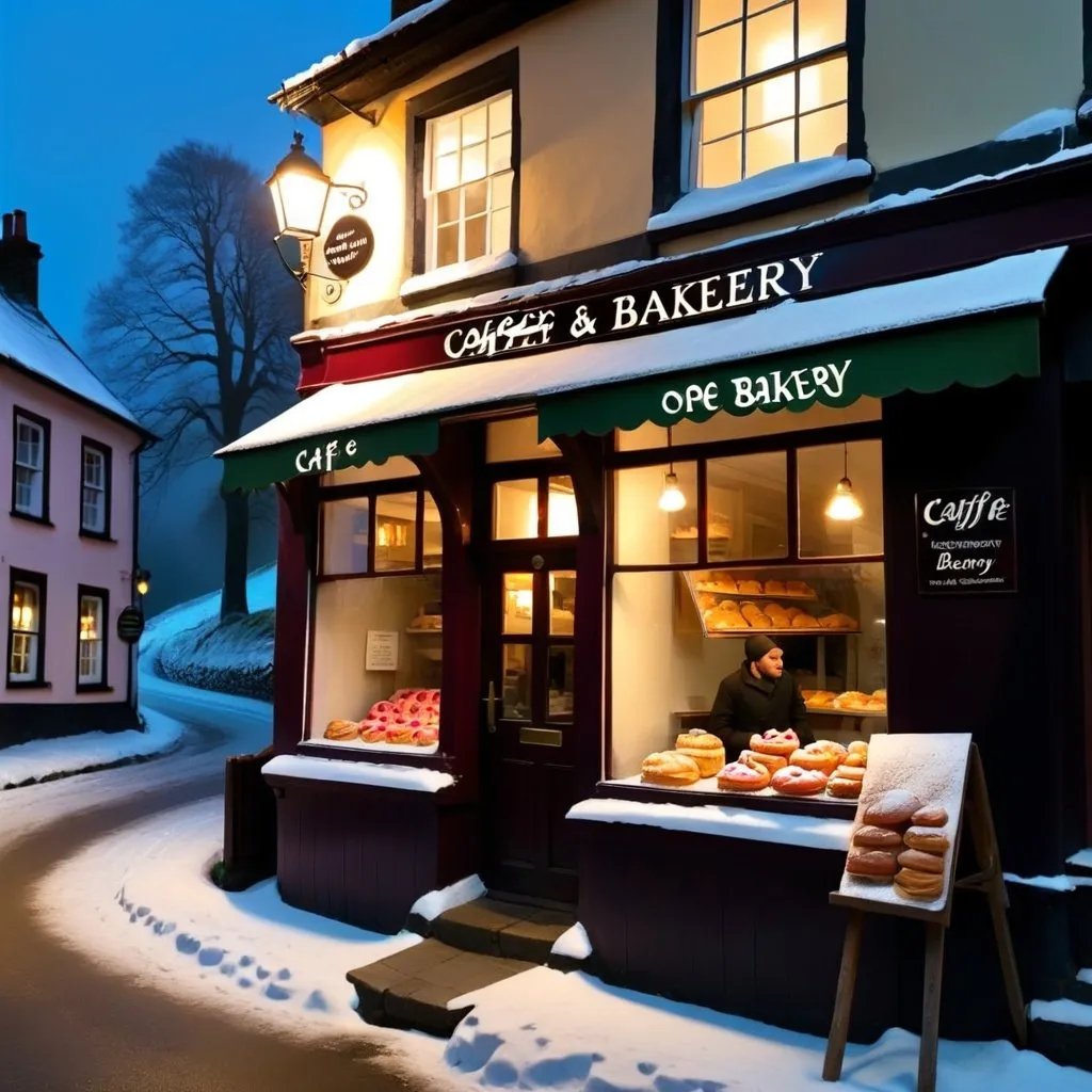 Prompt: A wintery night , a hill station , quaint road , secluded . One bakery shop a single storied structure with wooden windows having Georgian bars , British style Cafe . A wide array of choices in pastries. I a smart young man in my 40s is walking on one such secluded road and spot this bakery by the light on the door and that coming out of its windows. There is a chill in the air but perfect for pastries and coffee.