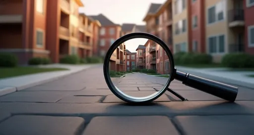 Prompt: A magnifying glass hovering over apartments symbolizing the detective aspect of uncovering deals.Ensure the house looks appealing and well-maintained to convey the idea of a "great deal. playful yet professional tone. evoke a sense of adventure and excitement. 