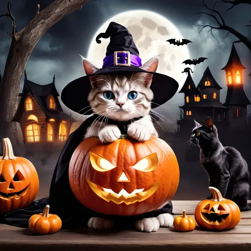 Prompt: Halloween cat and witch around a Halloween pumpkin