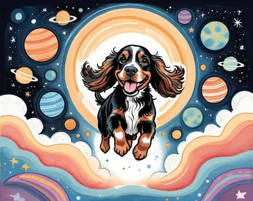 Prompt: An illustration with a children's book art style of a happy english cocker spaniel happily jumping in a lunar-esque surface. The background has five round shaped planets, each one of different color. The whole illustration is painted with pastel colors.