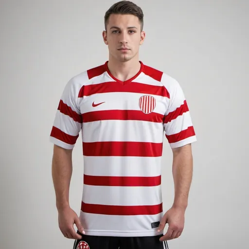 Prompt: red and white hooped soccer shirt