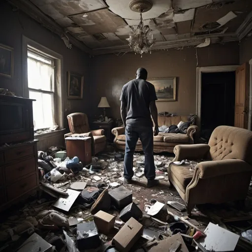 Prompt: Create an image of a black father stepping on sock in a dark, cluttered, chaotic, but very large abandoned mansion sized living room. He’s has to get through this very large but very dark abandoned living room to turn the lights on safely but he’s worried about what looks like sharp objects, furniture or clutter that been there for years that he could hurt himself on or trip over. His mission is to get to the other side of this large abandoned dark cluttered room and turn the light to clean up.