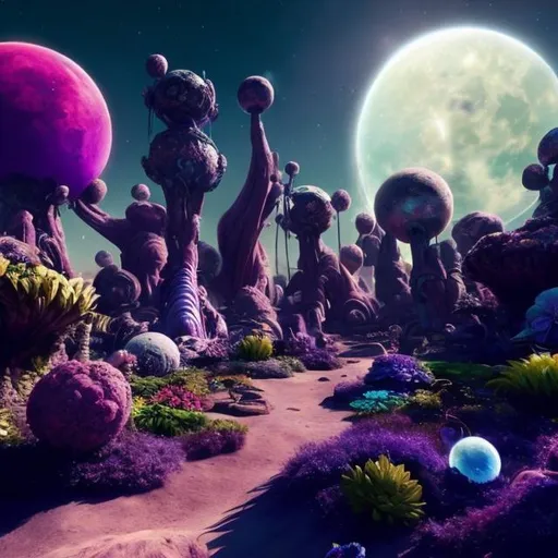Prompt: Galactic Garden: A garden on a distant planet where exotic alien flowers bloom under multiple moons.
