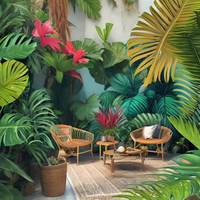 Prompt: Caribbean house backyard with small cactus, birds and monstera flowers
