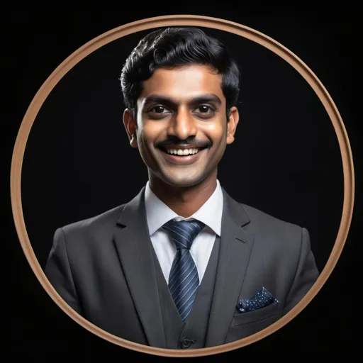 Prompt: a man in a suit and tie is smiling for a picture in a circle frame with a black background, Bholekar Srihari, samikshavad, jayison devadas, a character portrait