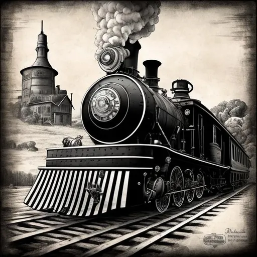 Prompt: Create an intricately detailed, realistic black and white line drawing of a late 18th century steam train with a vintage-inspired background.