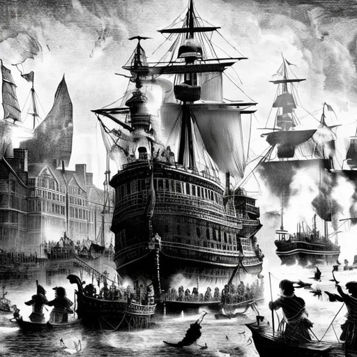 Prompt: Create a detailed monochrome engraving of a scene during the Boston tea party, capturing the pivotal moment and its surrounding environment in intricate lines