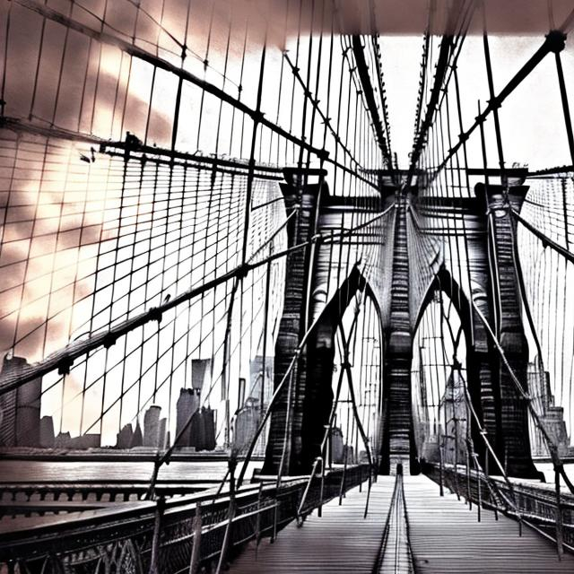 Prompt: Create an intricately detailed, realistic black and white line drawing of the Brooklyn Bridge with a vintage-inspired background.
