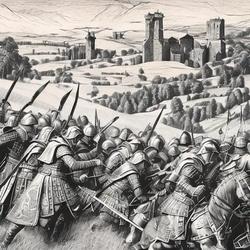 Prompt: Create a detailed monochrome engraving of the battle of bannockburn, capturing the pivotal moment and its surrounding environment in intricate lines