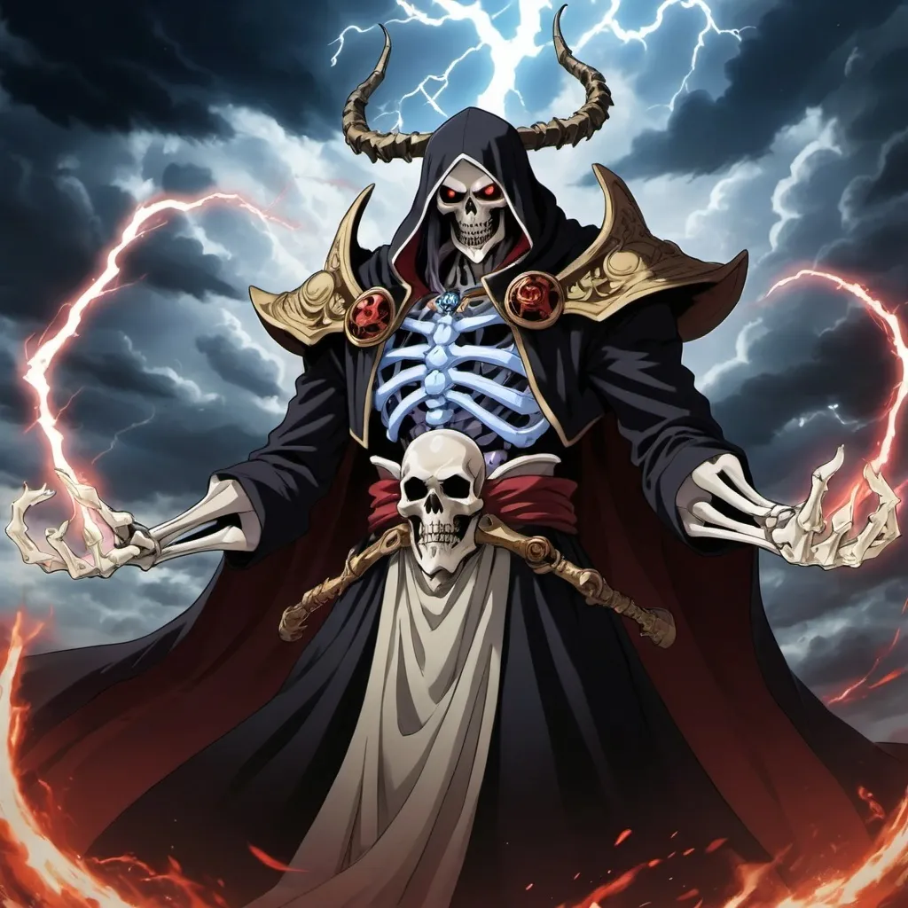 Prompt: "Ainz Ooal Gown, in his regal black robes adorned with arcane symbols, stands in the midst of a chaotic battlefield. His skeletal hands are raised high, dark energy crackling between them as he summons a fearsome undead dragon. The dragon, a colossal beast with decayed flesh and glowing red eyes, emerges from a swirling vortex of shadow and bone. The sky above is filled with storm clouds and flashes of lightning, illuminating the terror in the eyes of his enemies. Ainz's cloak billows around him, and his expression is one of absolute authority and power."