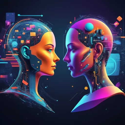 Prompt: (visual representation of Digital Marketing vs AI Marketing), split imagery showcasing contrasting styles and techniques, vibrant colors, modern abstract elements, dynamic composition, engaging visuals, a blend of technology and creativity, sharp lines, contemporary typography, futuristic vibe, highly detailed, ultramodern aesthetic, emotive atmosphere reflecting innovation and competition, high quality 4K.