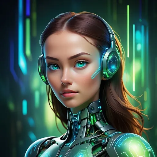 Prompt: digital communicator, (futuristic design), sleek interface, glowing screens, (cybernetic elements), abstract technology background, dynamic shapes, vibrant colors with blue and green tones, high-tech atmosphere, (interactive visuals), ethereal glow, ultra-detailed, immersive experience, enhances communication, modern tech aesthetic, innovations in connectivity.