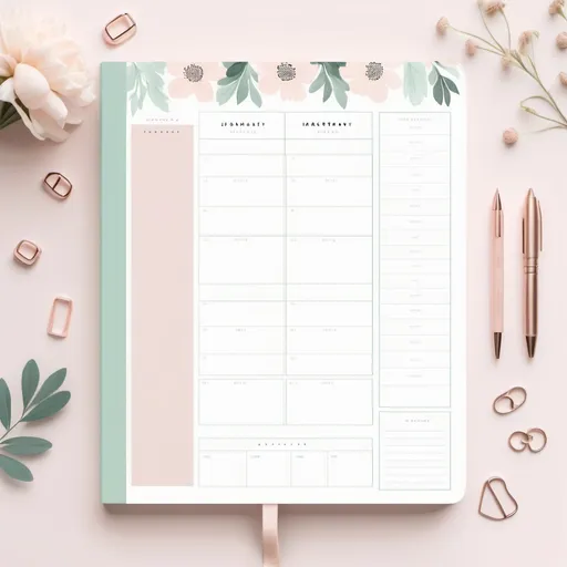 Prompt: A clean, modern printable planner with a monthly calendar layout on one page and a weekly planner on the other. The background features soft pastel tones (like blush pink or mint green) with delicate floral patterns or subtle geometric designs. Include sections with headers like "Goals," "To-Do," and "Notes," written in a stylish, handwritten font. The layout should feel neat, organized, and aesthetically pleasing.


