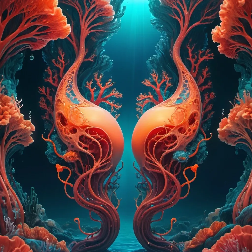 Prompt: (uterus ocean in surrealism style), warm color scheme, surreal, vivid reds and oranges blending into deep-sea blues and teals, fluid shapes, imaginative forms, ethereal light, dreamy, mystical atmosphere, high contrast, intricate details, unusual mixture of organic and aquatic elements, floating islands, soft glowing light, serene yet awe-inspiring, ultra-detailed, 4K, high-quality