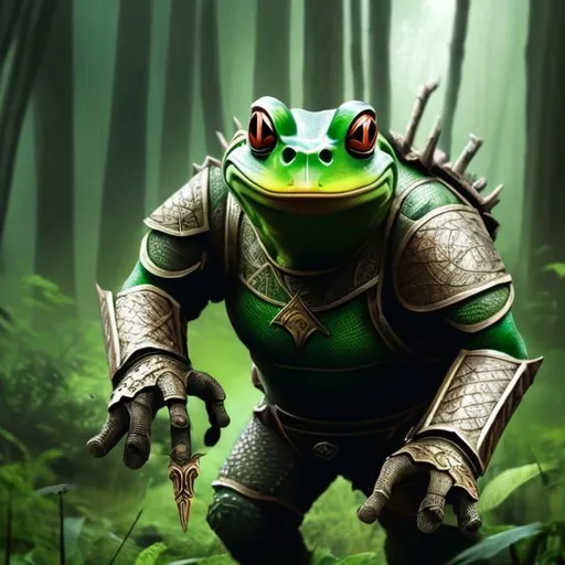 Prompt: A human like big frog standing up wearing wooden armour while aiming his bow in a forest at night