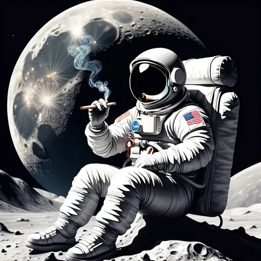 Prompt: astronaut sitting on the moon smoking joint make it like a draw style or illustrated and make the joint noticed