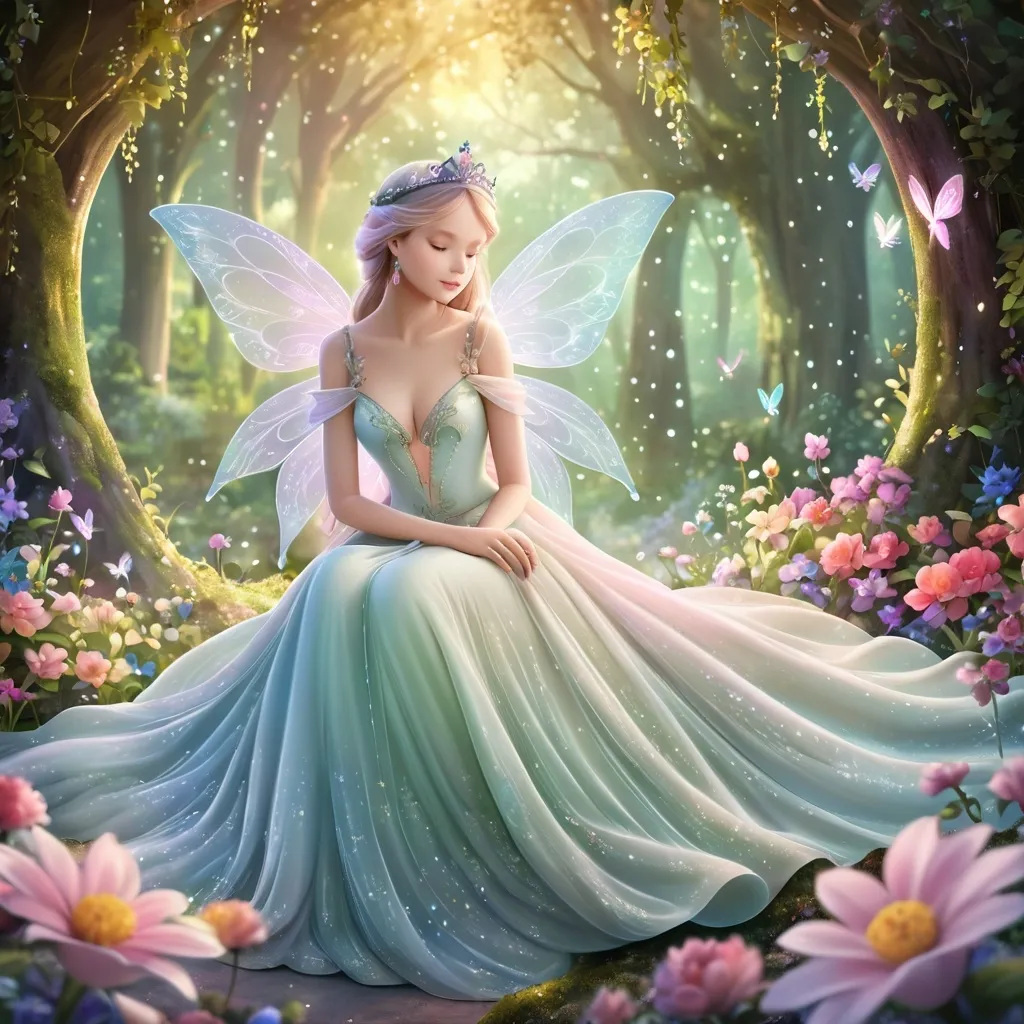 Prompt: (demure fairy-tale princess), enchanting gown, delicate tiara, soft, ethereal lighting, pastel colors, whimsical atmosphere, surrounded by vivid flowers, serene forest background, magical sparkle effects, gentle expression, high resolution, ultra-detailed, captivating elegance, fantasy setting, tranquil emotions, storybook charm.