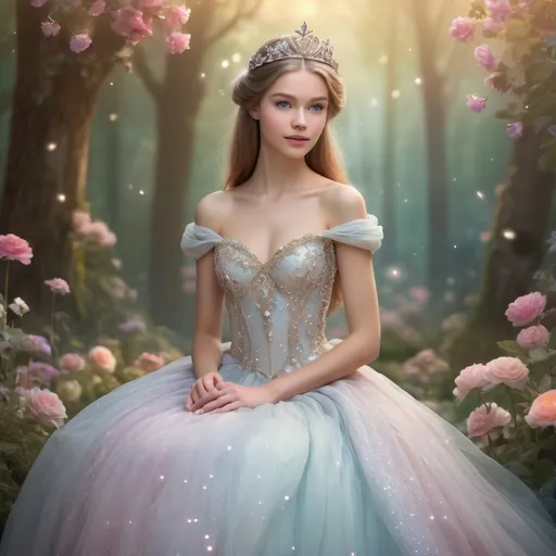 Prompt: (demure fairy-tale princess), enchanting gown, delicate tiara, soft, ethereal lighting, pastel colors, whimsical atmosphere, surrounded by vivid flowers, serene forest background, magical sparkle effects, gentle expression, high resolution, ultra-detailed, captivating elegance, fantasy setting, tranquil emotions, storybook charm.