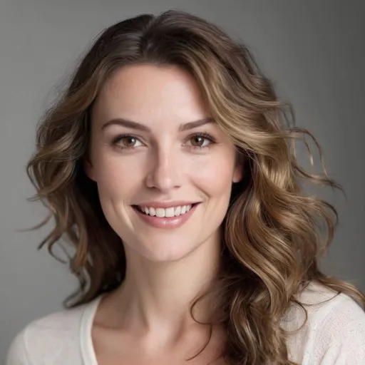 Prompt: beautiful white woman, 30 years old, professional lighting, wavy hair, natural makeup, grinning