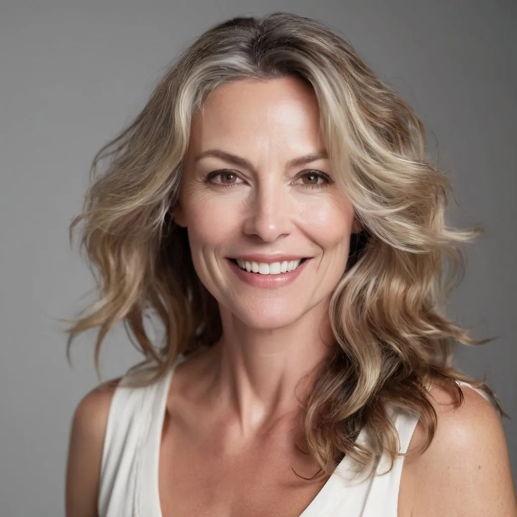 Prompt: beautiful white woman, 40 years old, professional lighting, wavy hair, natural makeup, grinning