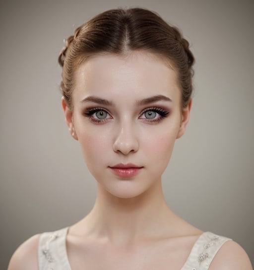 Prompt: High quality, realistic, portrait, white, 25 years old, young girl, updo hairstyle, no bangs, wide foxy eyes, front view, symmetric, natural makeup, professional lighting, no shadows