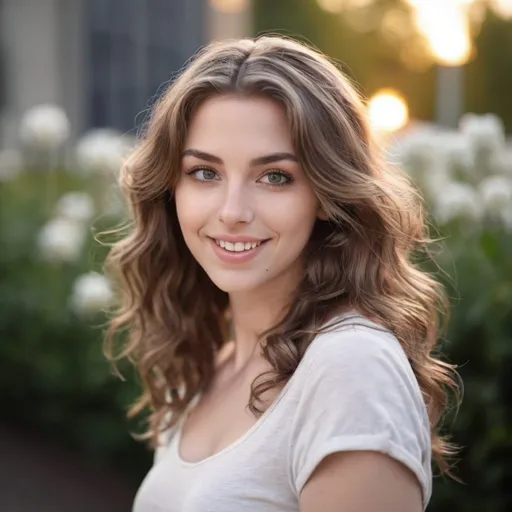 Prompt: beautiful white girl, 25 years old, wide eyes, professional lighting, outdoor, wavy hair, natural makeup, smiling