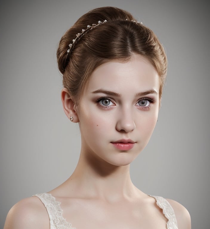 Prompt: High quality, realistic, portrait, white, 25 years old, young girl, updo hairstyle, no bangs, wide foxy eyes, front view, symmetric, no makeup, professional lighting, no shadows