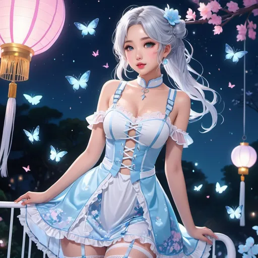 Prompt: anime, open wavy hair, silver hair, icy eyes, braids, asian woman in a babyblue floral dress, white body harness, wearing white fishnet stockings, cute aesthetic, pink eyeliner, tinted rosy lips, moonlit park, glowing butterflies, lanterns