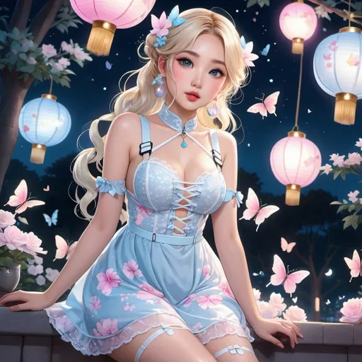 Prompt: anime, open wavy hair, light blonde hair, icy eyes, braids, asian woman in a babyblue floral dress, white body harness, wearing white fishnet stockings, cute aesthetic, pink eyeliner, tinted rosy lips, moonlit park, glowing butterflies, lanterns