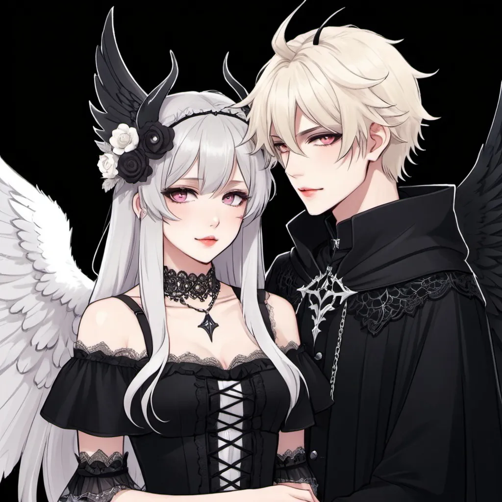 Prompt: anime, angelcore, demoncore, soft, drawing, animecore

1girl, blonde-silver hair fading into ombre, icy narrowed eyes, rosy tinted lips
choker, elegant lace dress, flowy sleeves, white harness, small angelic wings, delicate flower crown

1boy, fluffy raven hair, demonic eyes, tinted lips, demonic horns, demonic wings, dark clothes with hood

2people, couple, forbidden love, affectionate
church