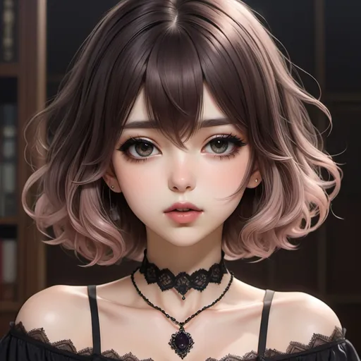 Prompt: anime, 1girl, raven-brown ombre hair, delicate thin choker, short wavy hair, hair covering eyes, long bangs, dark lace clothes, dark makeup, rosy pouty lips, elegant, daring