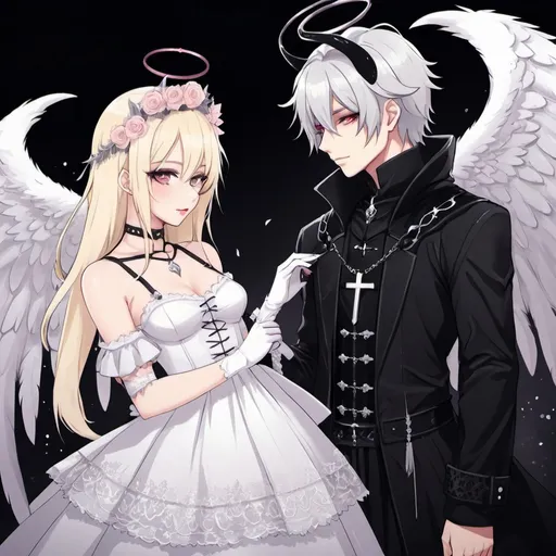 Prompt: anime, angelcore, demoncore, soft, drawing, animecore

1girl, Angel, blonde-silver hair fading into ombre, icy narrowed eyes, rosy tinted lips
choker, elegant lace dress, white harness, small angelic wings, delicate flower crown

1boy, demon, fluffy raven hair, demonic eyes, tinted lips, demonic horns, demonic wings, dark clothes with hood

2people, couple, forbidden love, affectionate
church