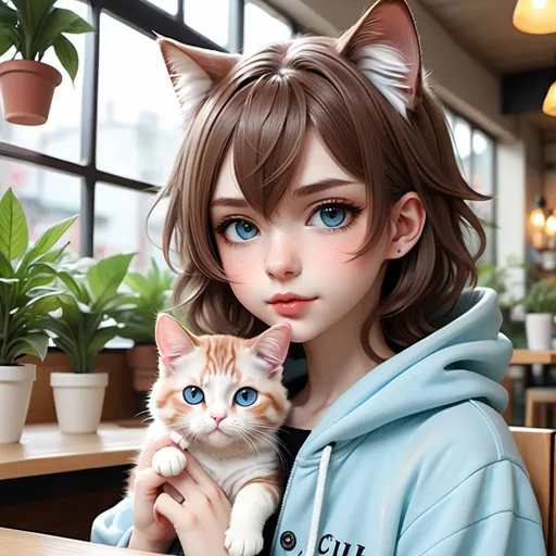 Prompt: Anime, male, femboy, fluffy wavy brown hair, feminine features, sharp icy blue eyes, rosy pouty lips, tattoos on neck, hood
Cat, comfy cafe, plants in background