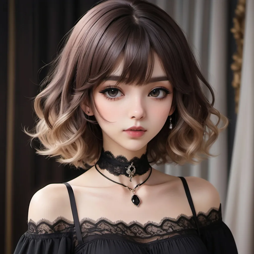 Prompt: anime, 1girl, raven-brown ombre hair, delicate thin choker, short wavy hair, hair covering eyes, long bangs, dark lace clothes, dark makeup, rosy pouty lips, elegant, daring