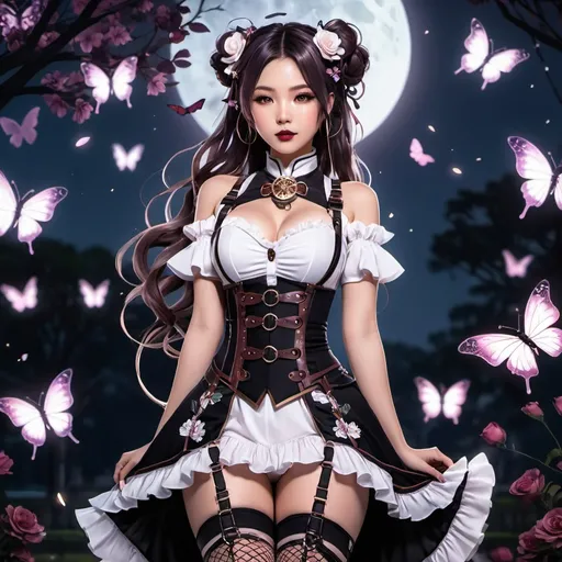 Prompt: anime, open wavy hair, braids, buns, steampunk asian woman in a white floral dress, black body harness, wearing fishnet stockings, dark aesthetic, tinted rosy lips, dark moonlit park, glowing butterflies
