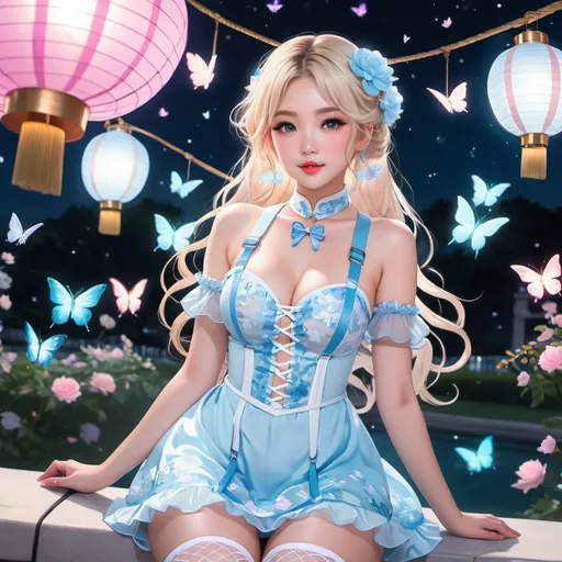 Prompt: anime, open wavy hair, light blonde hair, icy eyes, braids, asian woman in a babyblue floral dress, white body harness, wearing white fishnet stockings, cute aesthetic, pink eyeliner, tinted rosy lips, moonlit park, glowing butterflies, lanterns