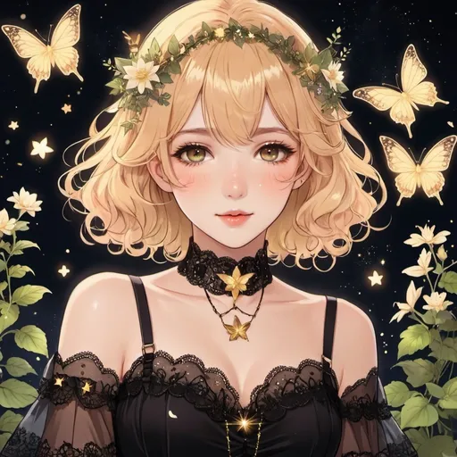 Prompt: anime, soft, drawing, fairycore, animecore
girl, short wavy hair, light hair-colour, narrowed golden eyes, rosy tinted lips, light starry freckles
choker, elegant dark lace dress, fishnet sleeves, harness, small fairy wings, delicate light flower crown vines, plants, glowing golden butterflies