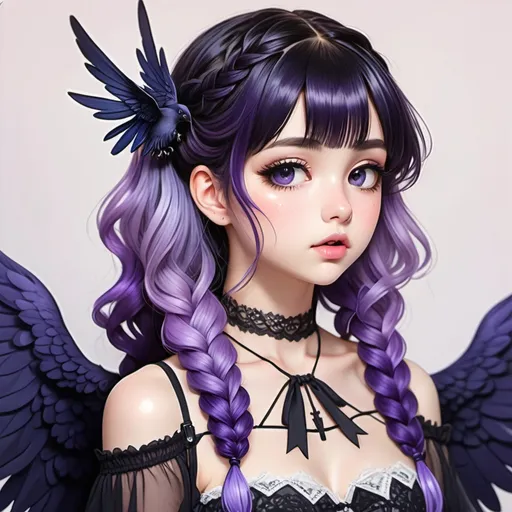Prompt: Anime, Girl, braided bangs, raven-purple ombre hair, pouty rosy lips, wavy hair, lace dress, black wings