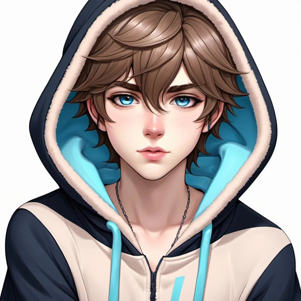 Prompt: Anime, male, femboy, fluffy wavy brown hair, feminine features, sharp icy blue eyes, rosy pouty lips, tattoos on neck, hood