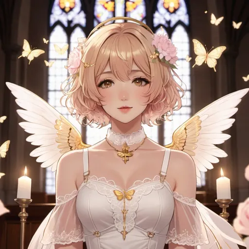 Prompt: anime, soft, drawing, angelcore, animecore
girl, short wavy hair, light hair-colour, golden eyes, rosy tinted lips
choker, elegant light lace dress, white harness, small angelic wings, delicate light pink flower crown
fallen church, glowing golden butterflies