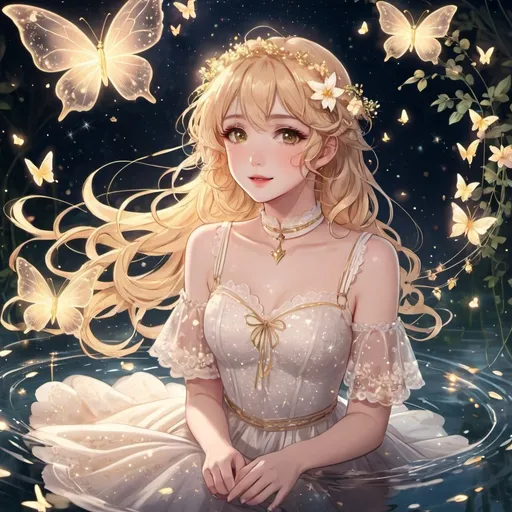 Prompt: anime, soft, drawing, fairycore, animecore
girl, short wavy hair, light hair-colour, golden eyes, rosy tinted lips, light starry freckles
choker, elegant light lace dress, flowy sleeves, white harness, small fairy wings, delicate light flower crown
tangled vines, floating on water, glowing golden butterflies